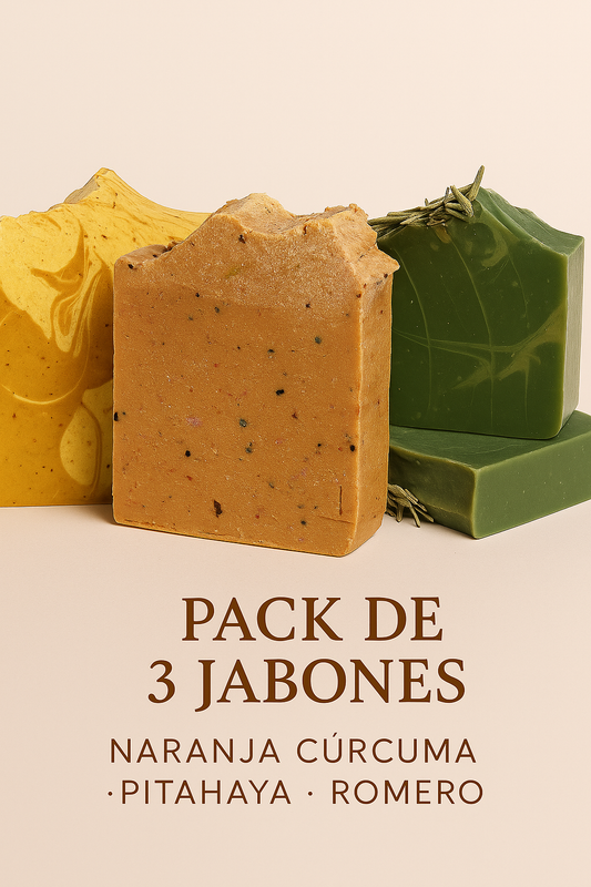 Pack de 3 Jabones Artesanales Maaya – Naranja Cúrcuma · Pitahaya · Romero
